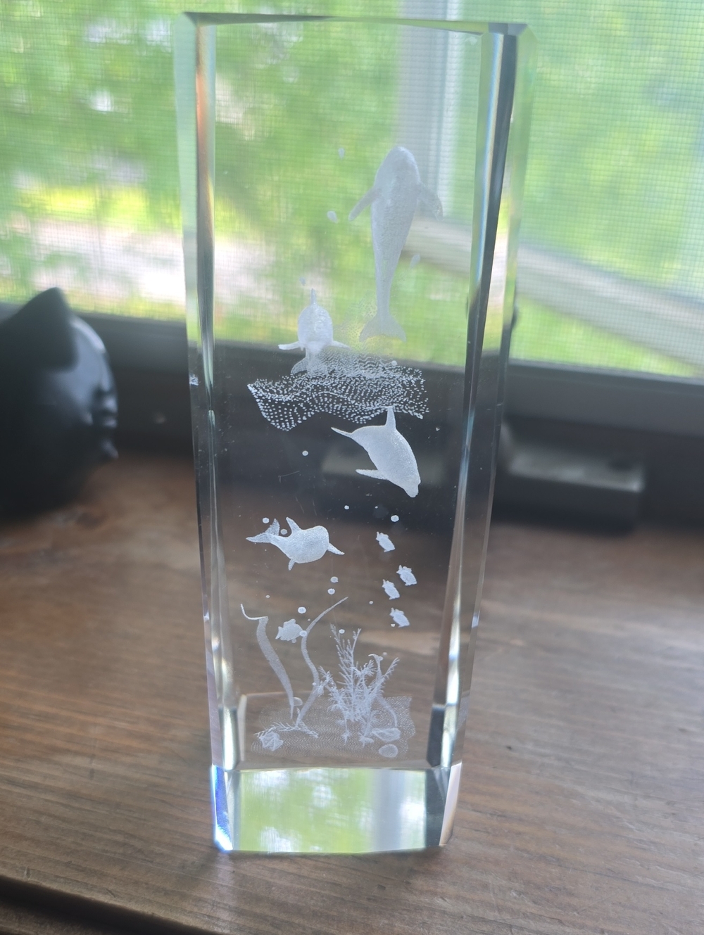 Clear Crystal Glass Ocean Sculpture with White Etched Dolphins